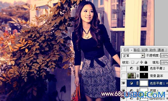 PS给阳台上自拍的美少妇写真照调出流行的秋季紫红色调