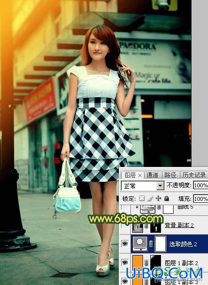 PS给街景上自拍的可爱女孩儿生活照调出温暖的阳光青色调