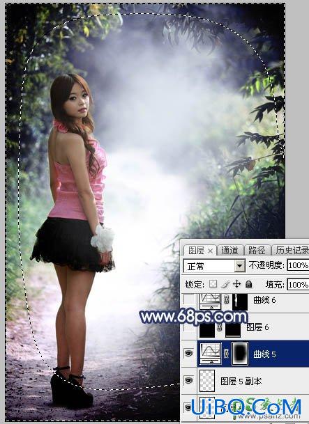 PS绿色树林中自拍的超短裙美腿女孩生活照调出梦幻的冷紫