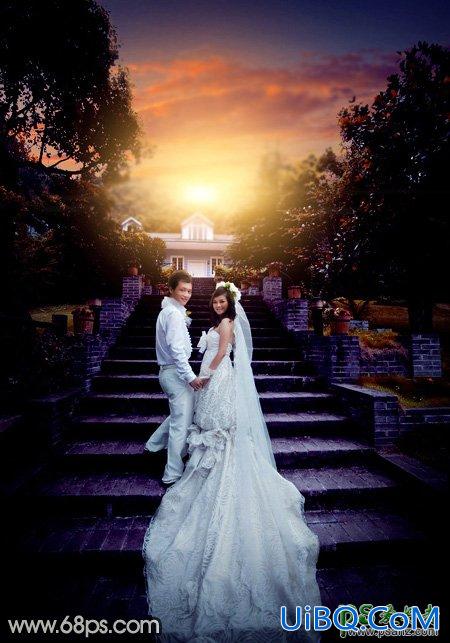 PS给园林中拍摄的情侣婚纱照调出唯美梦幻温馨的霞光色彩