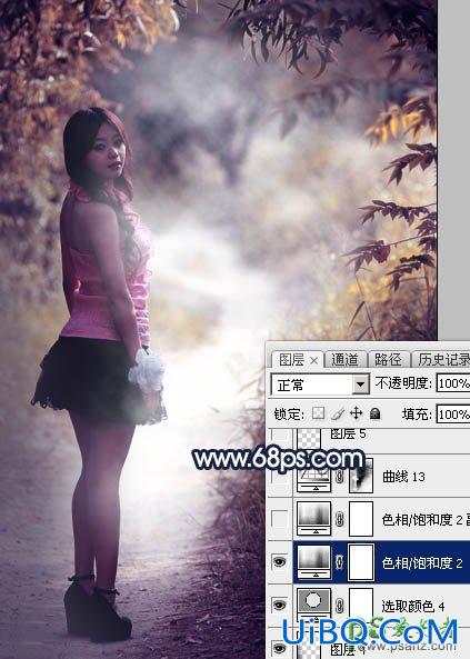 PS给树林中自拍的性感美腿妹子写真照调出唯美的深秋暗蓝