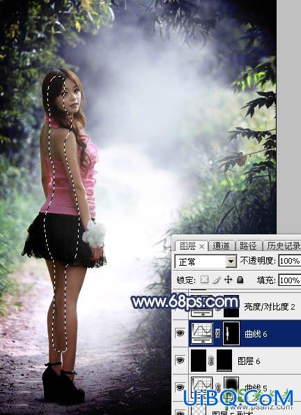 PS绿色树林中自拍的超短裙美腿女孩生活照调出梦幻的冷紫