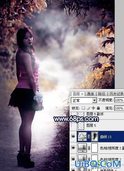 PS给树林中自拍的性感美腿妹子写真照调出唯美的深秋暗蓝
