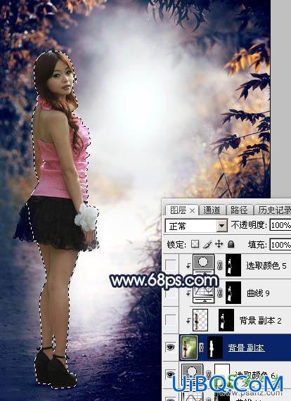 PS给树林中自拍的性感美腿妹子写真照调出唯美的深秋暗蓝