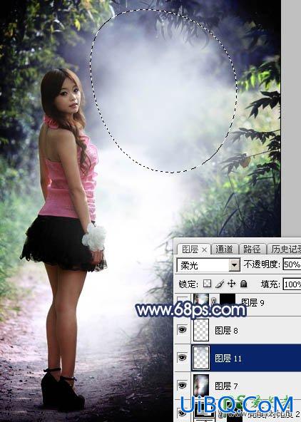 PS绿色树林中自拍的超短裙美腿女孩生活照调出梦幻的冷紫