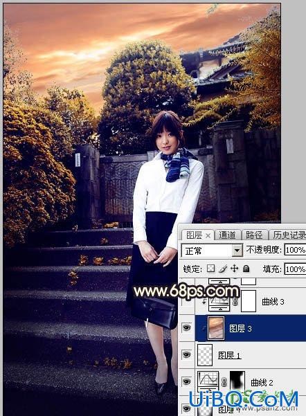 PS给性感空姐制服美女外景写真图片调出唯美的夕阳霞光色