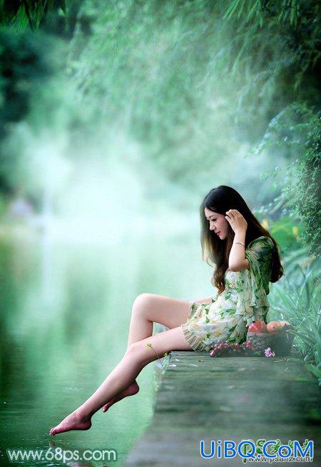 PS给湖景边自拍的甜美女孩儿性感照片调出唯美的青绿色效