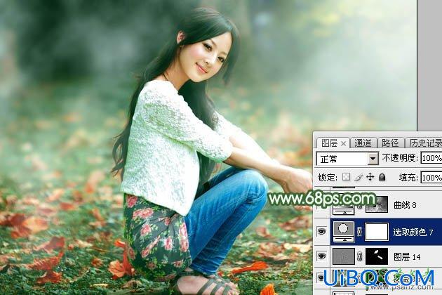 Ps给青青草地上自拍的性感果子美眉写真照调出唯美意境秋季青绿色