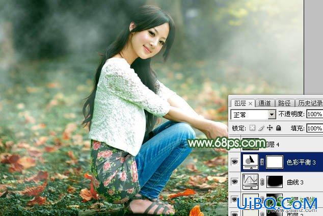 Ps给青青草地上自拍的性感果子美眉写真照调出唯美意境秋季青绿色
