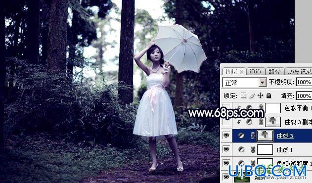 PS给绿色树林中自拍的美女风光照片调出暗夜霞光色调