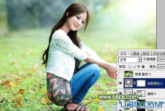 PS给春天外景草地上自拍的甜美女生照片调出清新的粉绿色
