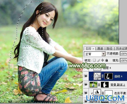 PS给春天外景草地上自拍的甜美女生照片调出清新的粉绿色