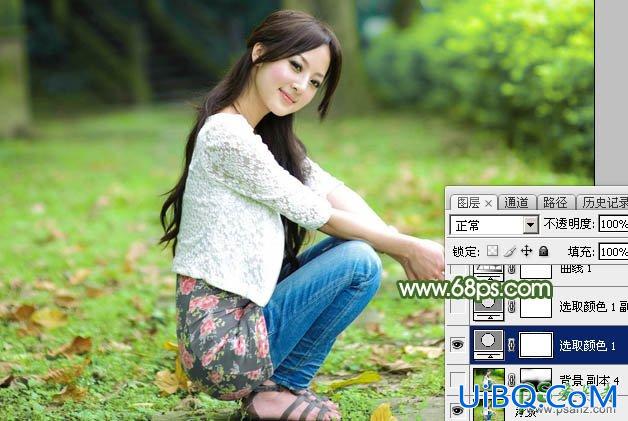 PS给春天外景草地上自拍的甜美女生照片调出清新的粉绿色