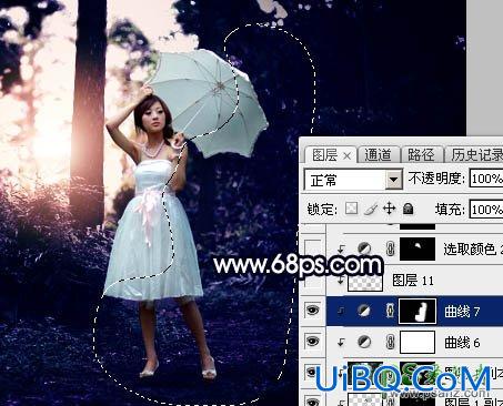 PS给绿色树林中自拍的美女风光照片调出暗夜霞光色调