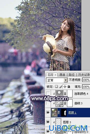 Ps给公园水池边自拍的性感连衣裙美少女图片调出唯美的秋季淡蓝色