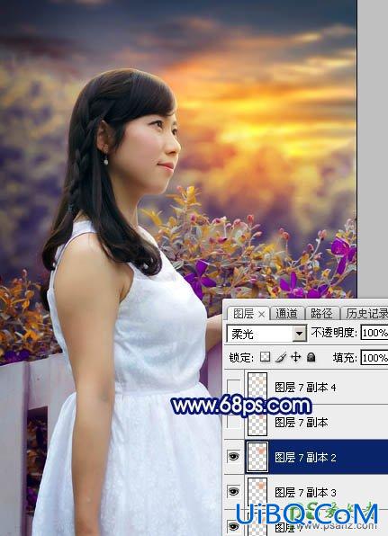 PS给篱芭边自拍的性感美人生活照调出唯美漂亮的朝霞色彩