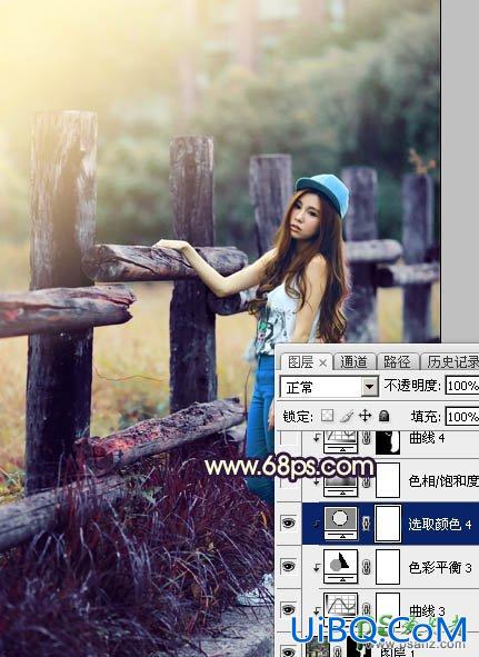 PS给景区木桩边自拍的唯美少女艺术照调出高对比蓝黄色