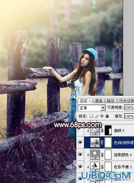 PS给景区木桩边自拍的唯美少女艺术照调出高对比蓝黄色