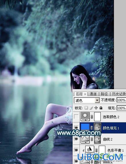 PS给清纯玉腿美脚女神艺术写真图片调出梦幻唯美的青绿色