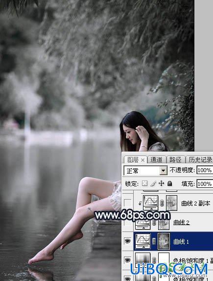 PS给春天里的清纯少女玉腿美脚写真照调出梦幻的暗蓝色
