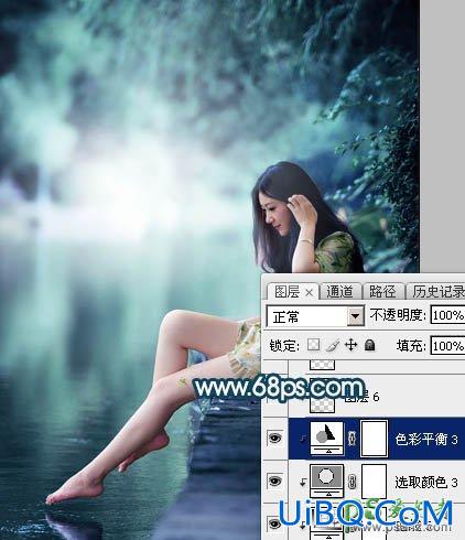PS给清纯玉腿美脚女神艺术写真图片调出梦幻唯美的青绿色