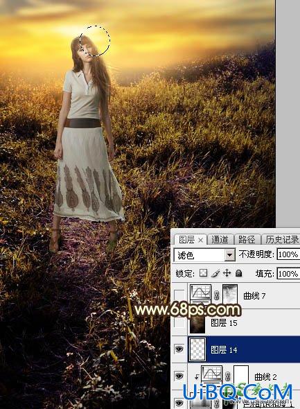 PS草场上自拍的欧美公主小妹个人写真照调出蛋黄色晨曦效