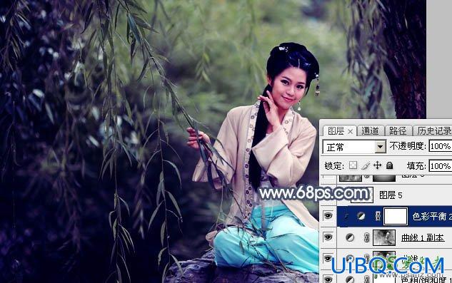 PS给古装性感美女，小柔女性写真图片调出唯美的暗青色