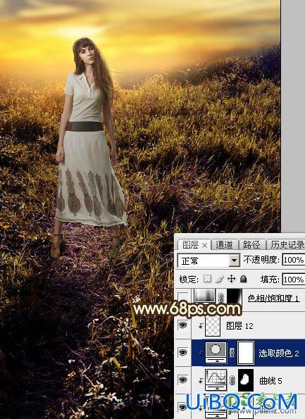 PS草场上自拍的欧美公主小妹个人写真照调出蛋黄色晨曦效