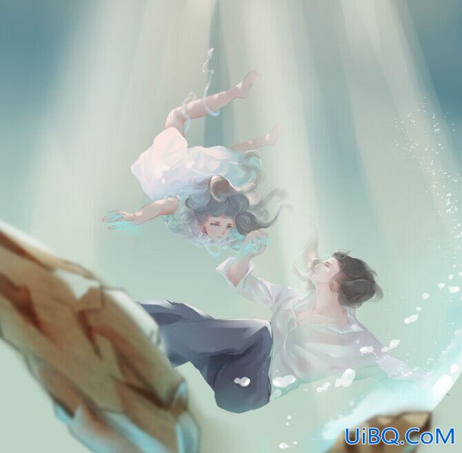 PS手绘天空中的仙境少女插画图片。