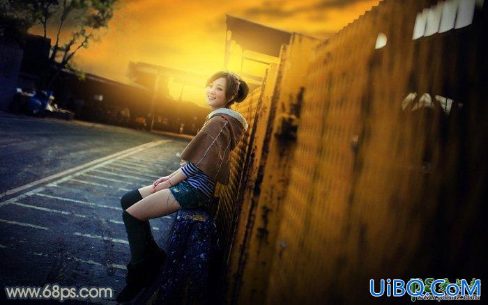 PS给厂区外自拍的公主小妹唯美写真照调出漂亮的霞光色彩