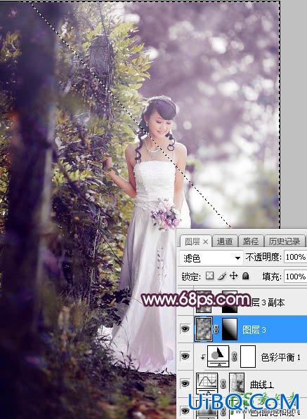 PS给树林中拍摄的清新美女婚纱艺术照调出唯美的淡紫色