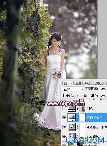 PS给树林中拍摄的清新美女婚纱艺术照调出唯美的淡紫色