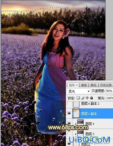 PS给粉色长裙性感嫂子花圃中的写真照调出唯美意境霞光色
