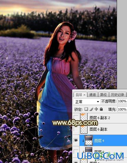 PS给粉色长裙性感嫂子花圃中的写真照调出唯美意境霞光色