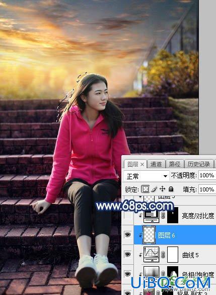 PS给古建筑边自拍的红色运动装青春少女写真图片调出霞光