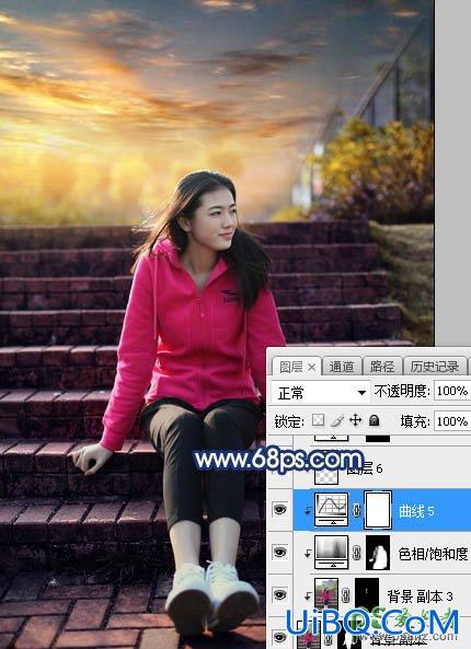 PS给古建筑边自拍的红色运动装青春少女写真图片调出霞光
