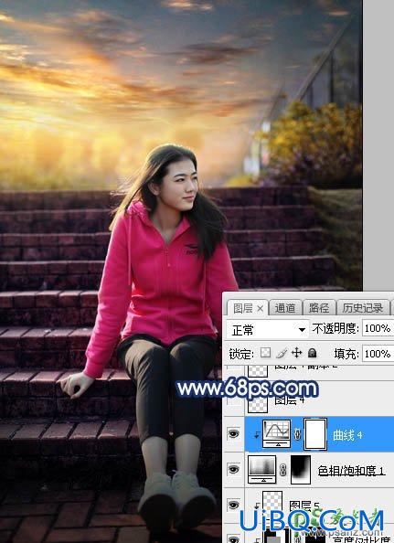 PS给古建筑边自拍的红色运动装青春少女写真图片调出霞光
