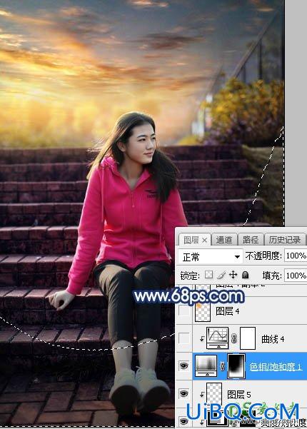 PS给古建筑边自拍的红色运动装青春少女写真图片调出霞光