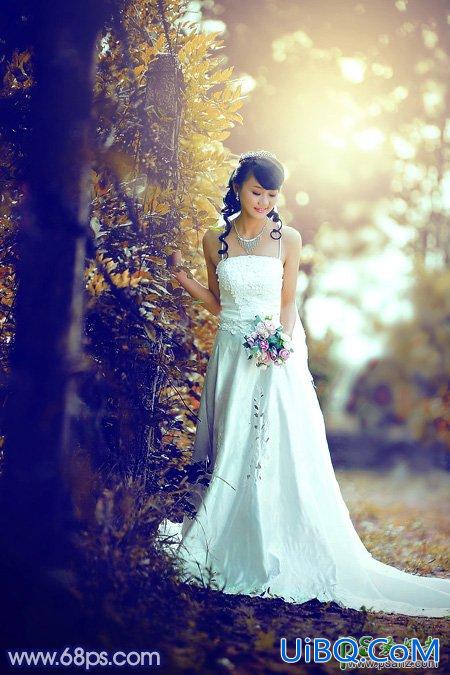 PS调出蓝黄色秋季树林中漂亮的美女婚纱艺术照片