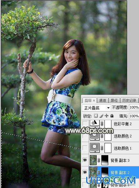 PS给树林中自拍的漂亮女孩儿外景照片调出古典黄褐色