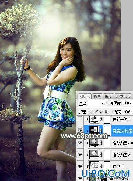 PS给树林中自拍的漂亮女孩儿外景照片调出古典黄褐色
