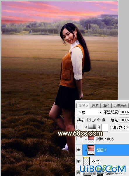 PS草坪上拍摄的美艳女生艺术照调出暖暖的霞光色彩