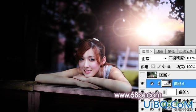 Ps给公园护栏上趴着的漂亮女优写真照调出唯美的淡红色逆光效果