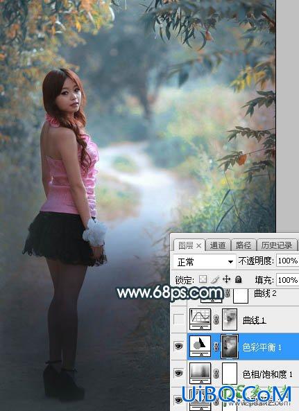 PS给美女国模外景写真艺术照调出漂亮的深秋暗青色调