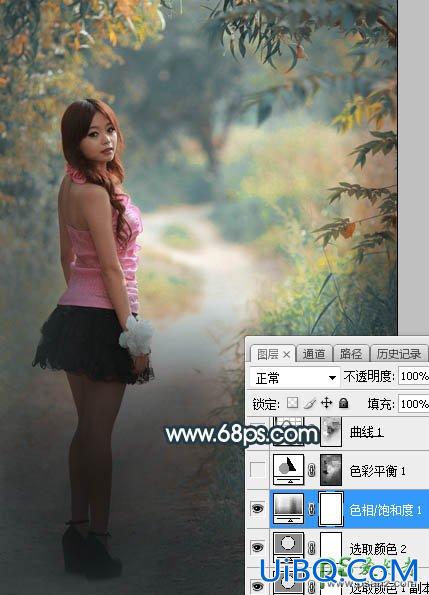PS给美女国模外景写真艺术照调出漂亮的深秋暗青色调