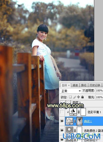 PS给景区木桥上拍摄的中年女人写真图片调出唯美的曦色