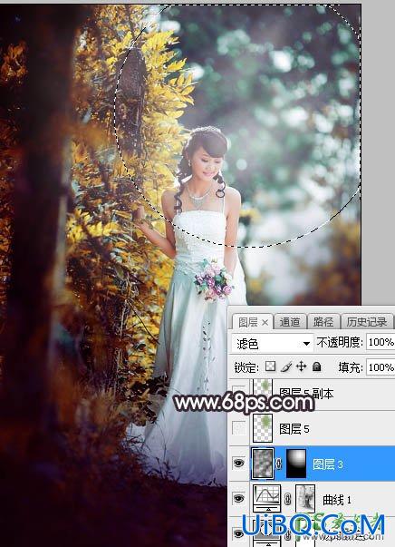 PS给树林中拍摄的甜美少女婚纱照调出青红色逆光效果