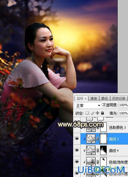 PS给早晨公路边自拍的高跟美女高清图片调出唯美的晨曦色