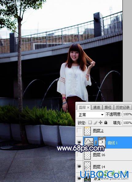 PS给高架桥下拍摄的都市美女时尚照片调出暖色晨曦效果