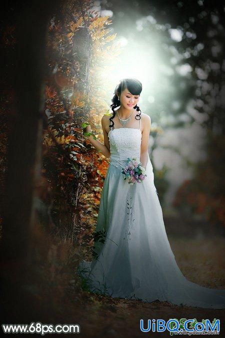 PS婚片调色教程：给秋季外景美眉婚纱照调出唯美的黄绿色